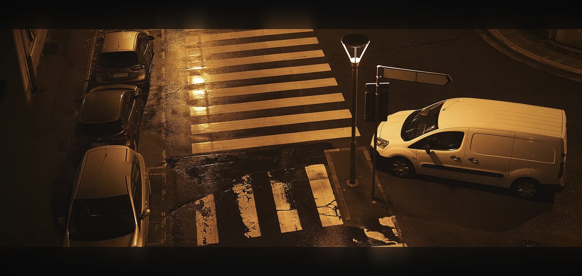 A crossing at night, the frame the evaluation bench is read against