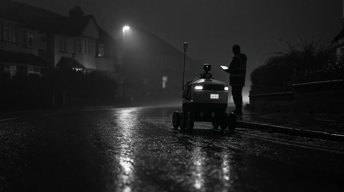 A six-wheeled delivery robot on wet pavement at night, a data collector from behind on the far kerb, one street lamp.