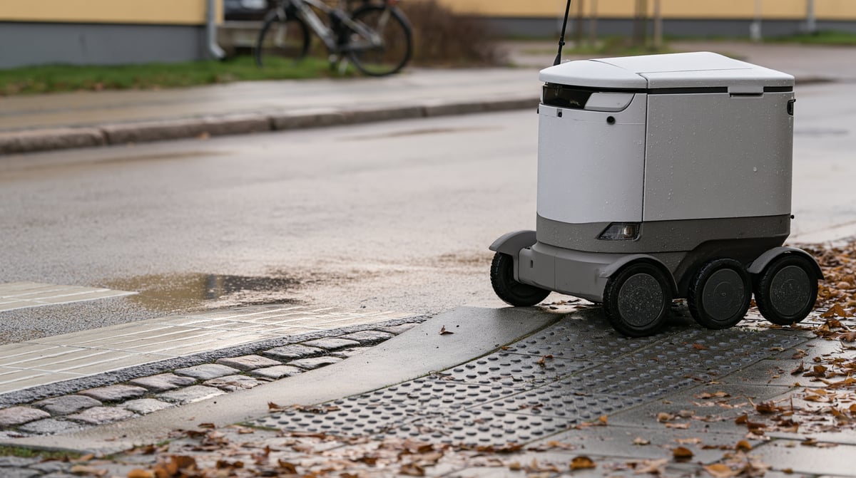 A wheeled delivery robot crossing wet pavement beside a kerb in a residential street.