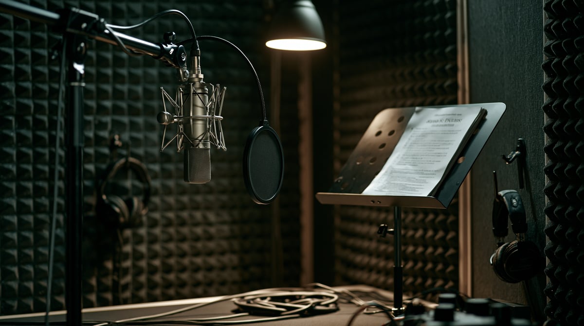 A vocal booth with a condenser microphone on a boom arm, a pop filter, and a script on a music stand.