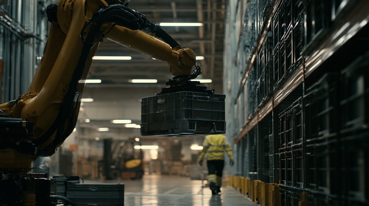A warehouse aisle with racking and a worker in a high-visibility jacket walking away from the camera.