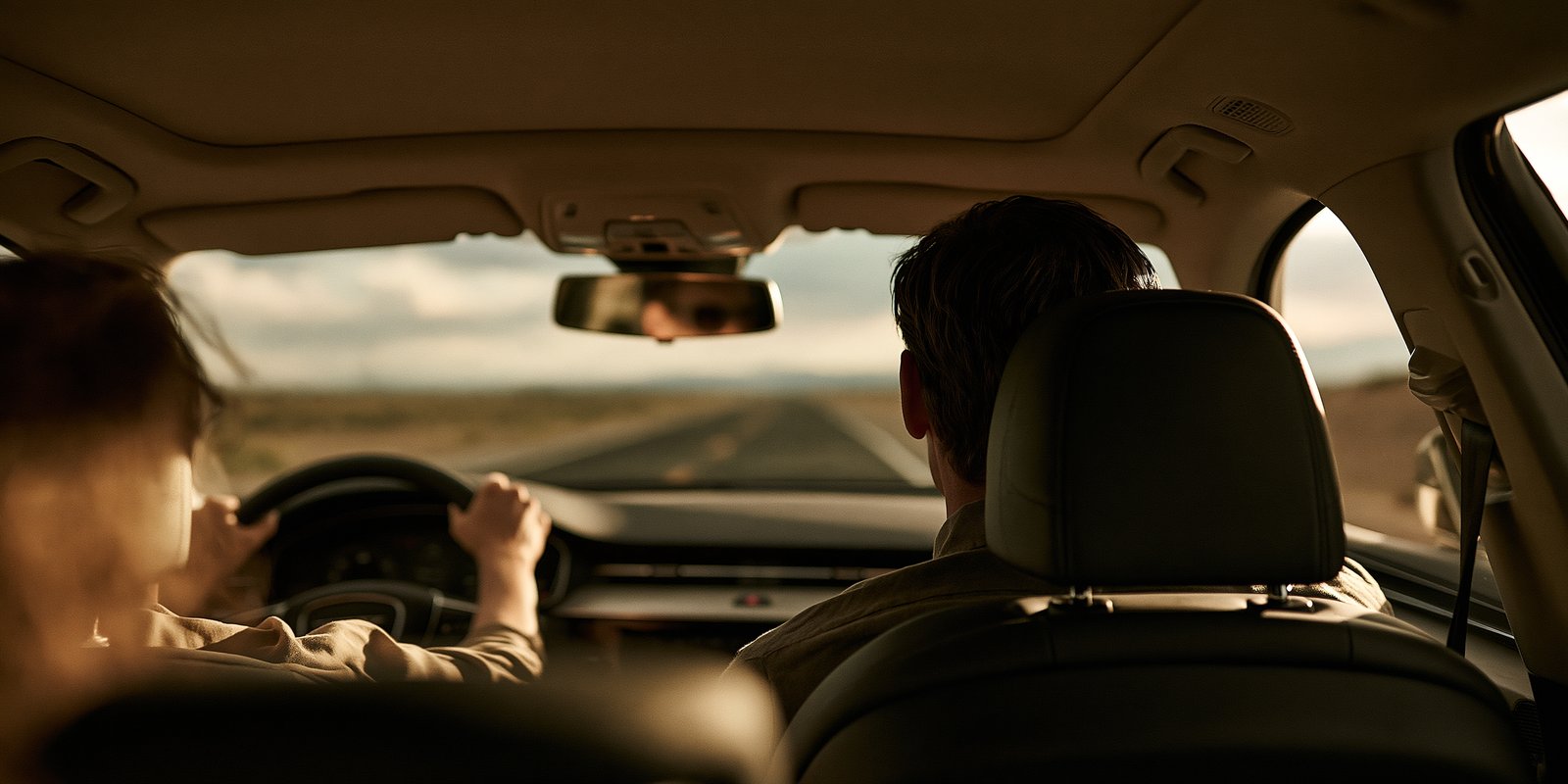 Two people travelling in the front of a car, viewed from the rear seat.