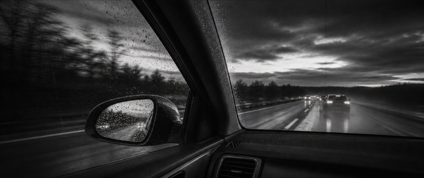 Rainy motorway seen from inside a moving car cabin