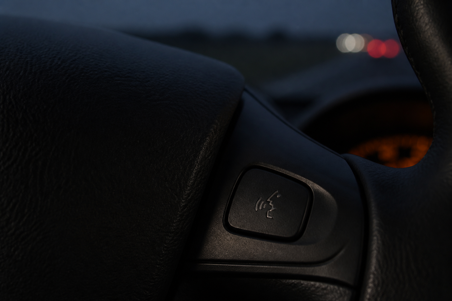 Unbranded voice-control button on a steering wheel inside a car at blue hour.