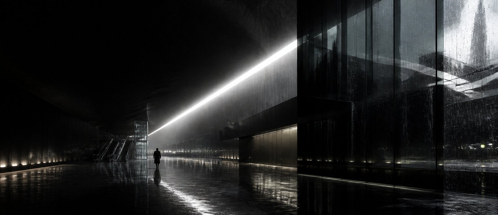 A lit walkway at night, one person in the distance, bounded along its full length by a dark glass wall whose leading edge runs top to bottom through the frame.