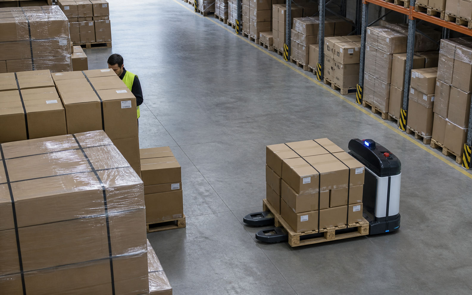 Overhead view of a warehouse floor with stacked pallets, a worker in a high-visibility vest, and an autonomous mobile robot carrying a loaded pallet.