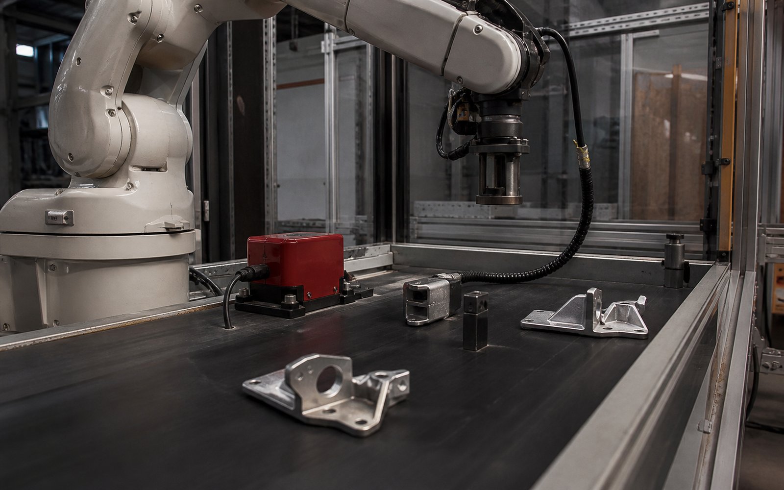 An industrial robot cell with machined brackets, fittings and a sensor housing moving along a conveyor belt
