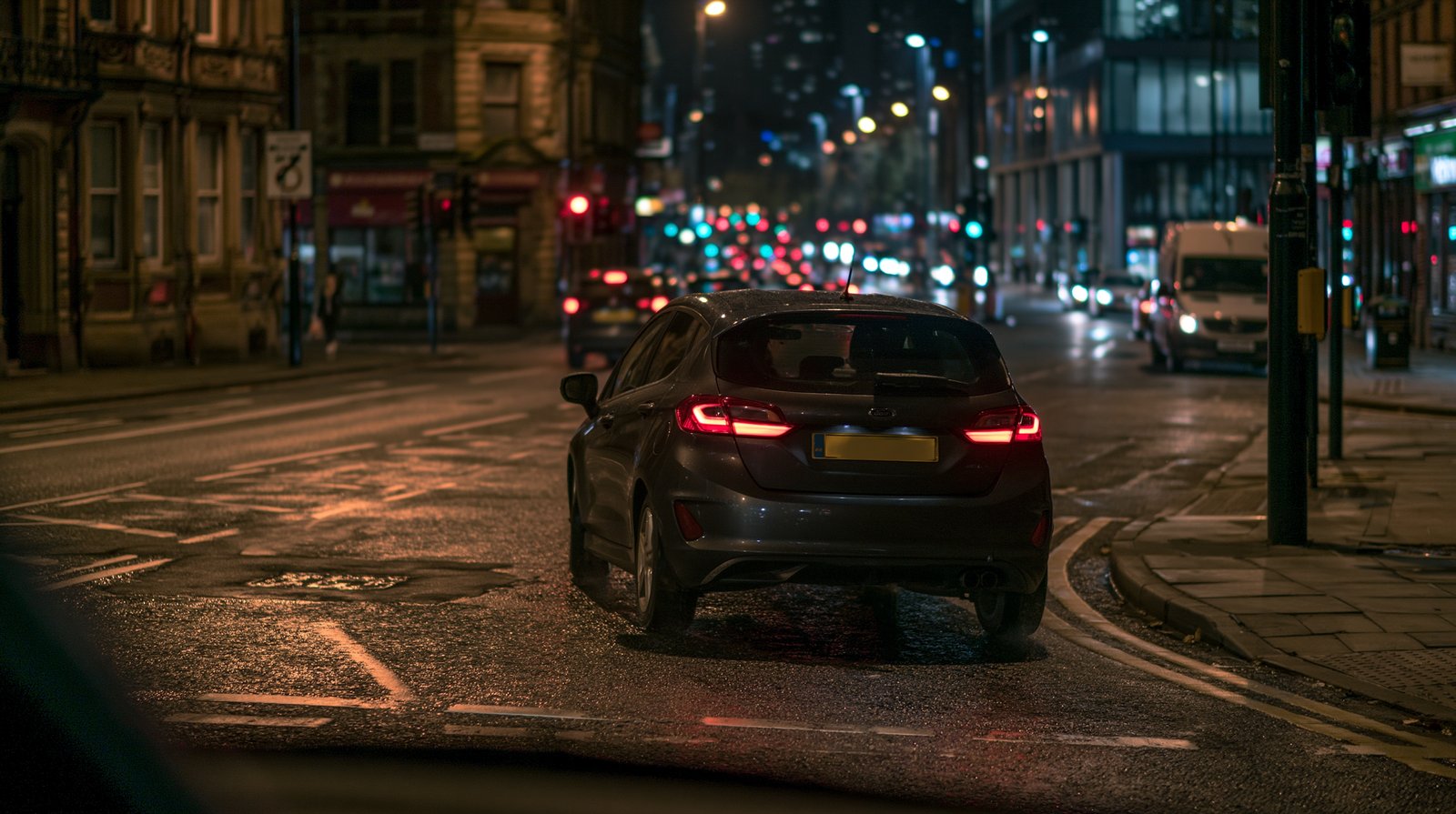 Night street from a following car, a dark hatchback ahead on wet asphalt.