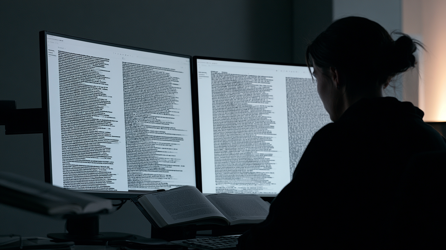 A person at a workstation reading two screens of dense text beside an open reference book
