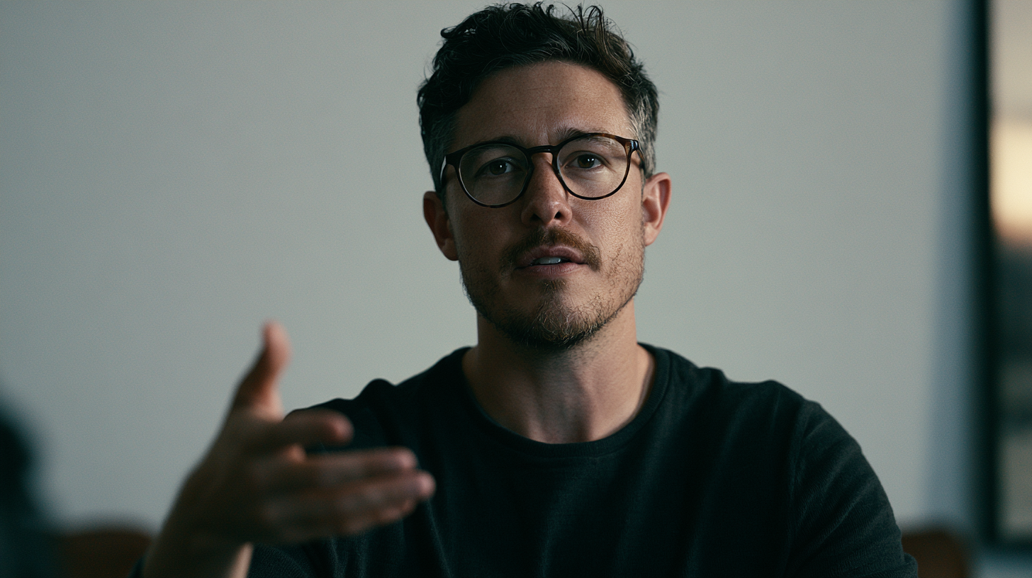 A person speaking toward camera in a quiet room