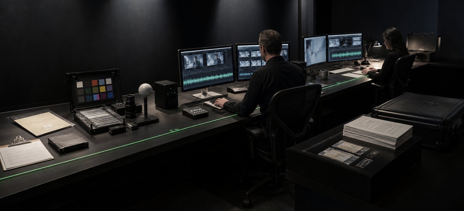 A dark review room where two people check source material, actions and handoff across paired screens