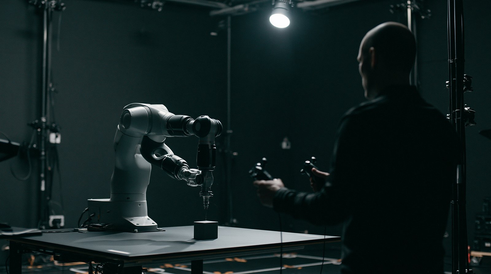 An operator from behind holding two handheld controllers while a robot arm mirrors the motion over a block on a table, inside a dark camera-lined capture cell