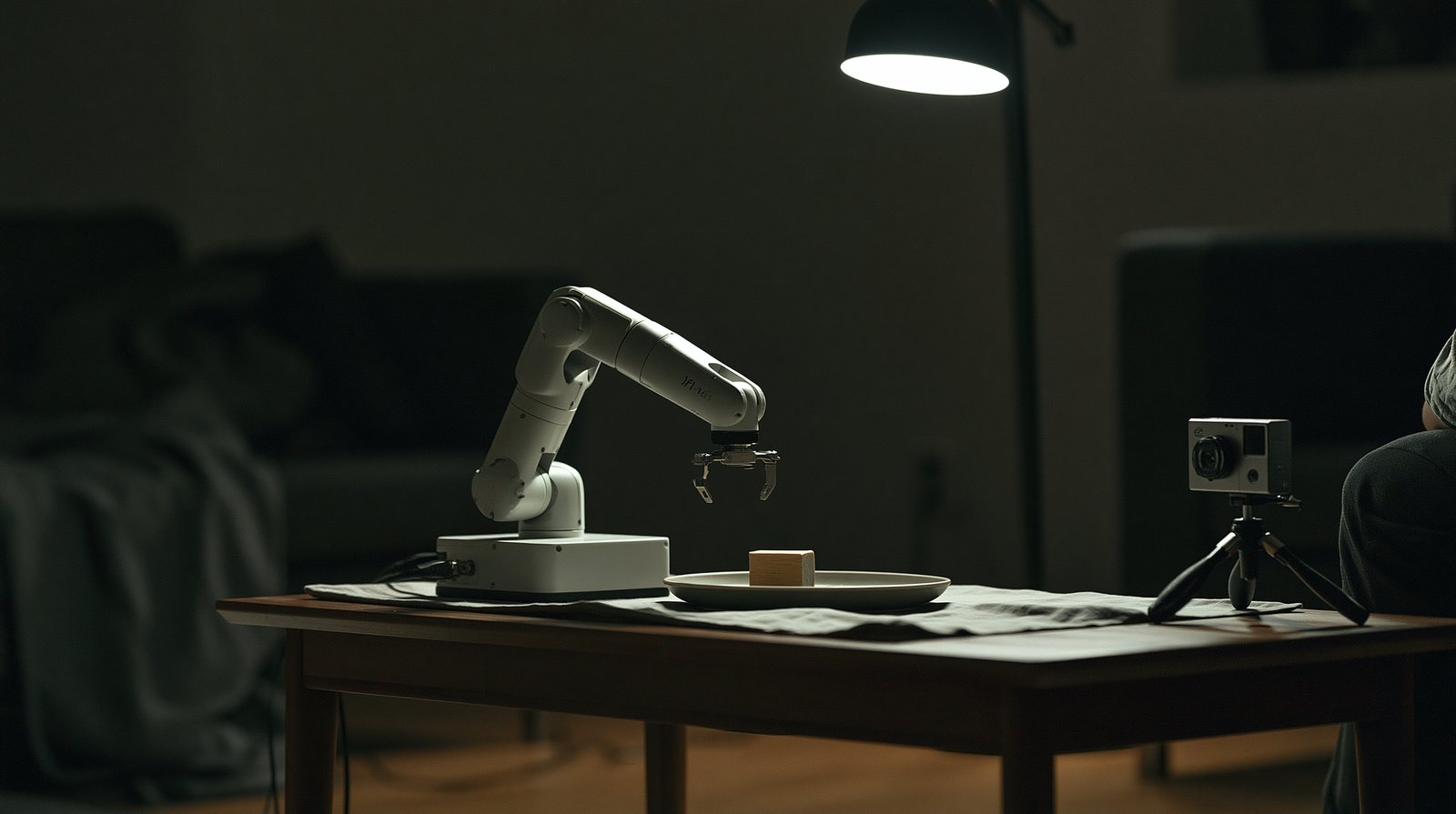 The same kind of table-top arm lowered onto the wooden block in the dish, the tripod camera recording from the table edge.