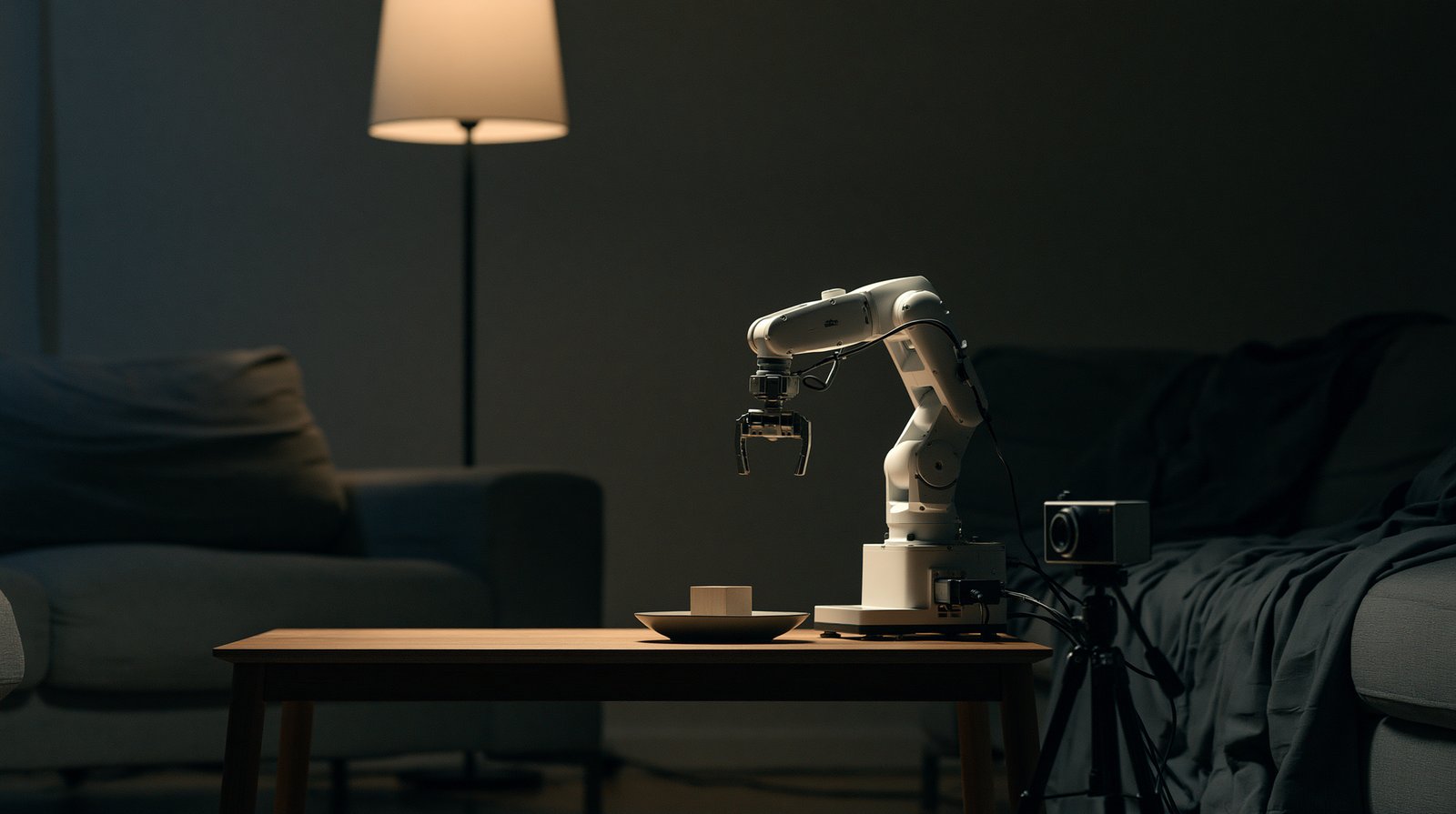 A small robot arm on a living-room table at night, gripper open above a shallow dish and a wooden block, a camera on a tripod at the table edge.