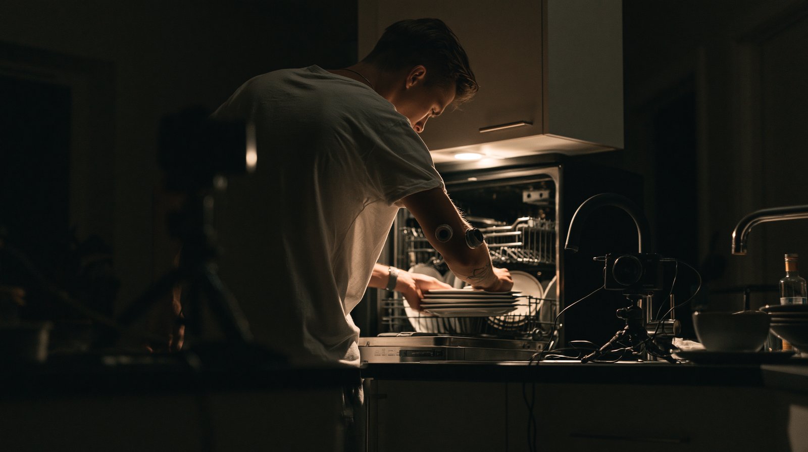 A person from behind loading plates into a dishwasher in a dim kitchen at night, a camera on a tripod at the counter end recording the task.