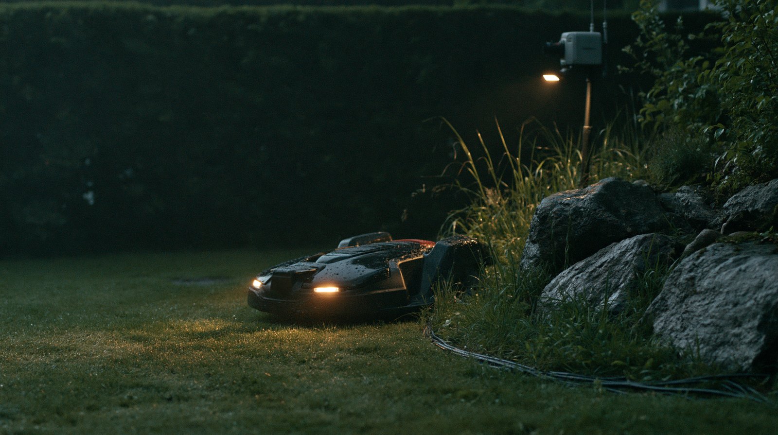 A robotic lawn mower on wet grass at night beside rocks, long grass and a boundary cable, one garden light