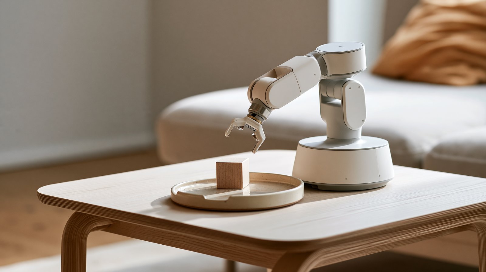 A compact robot arm on a low wooden table in a domestic living room, positioned above a small block on a tray.