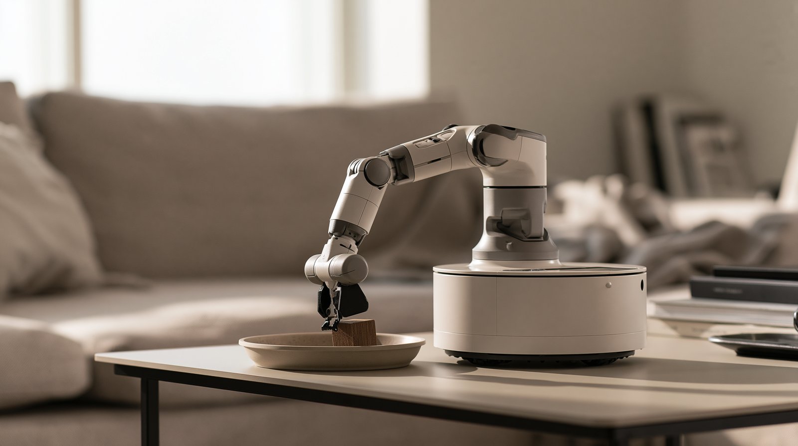 Close view of a robot gripper closing on a small wooden block resting in a shallow dish.