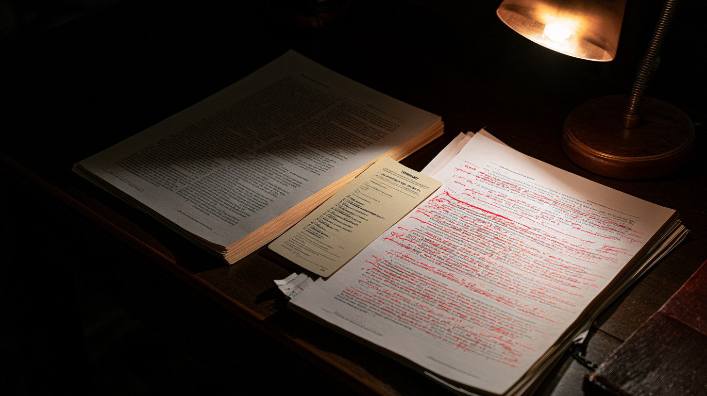 Printed pages on a desk, one stack marked with corrections beside a lamp