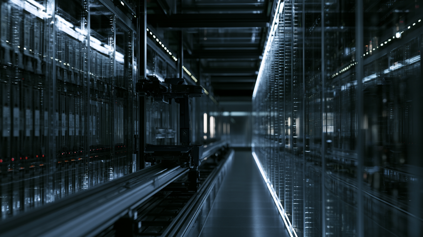 A long aisle of stored source material in a dark automated library