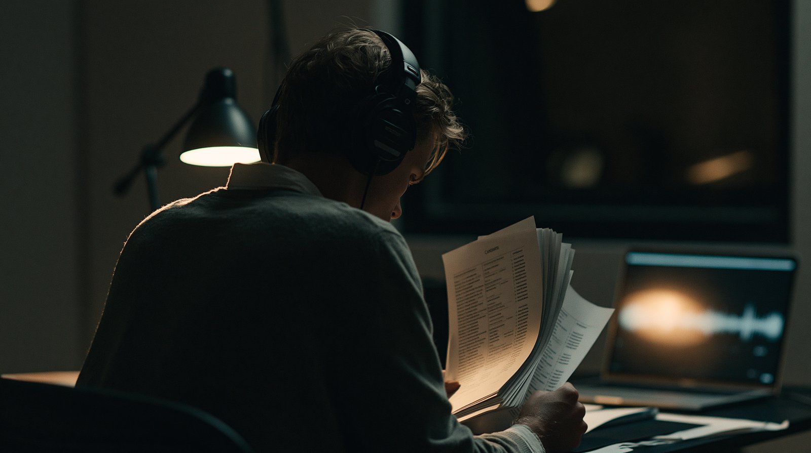 A director from behind wearing headphones, reading a fanned stack of candidate sheets beside a laptop with a soft waveform glow