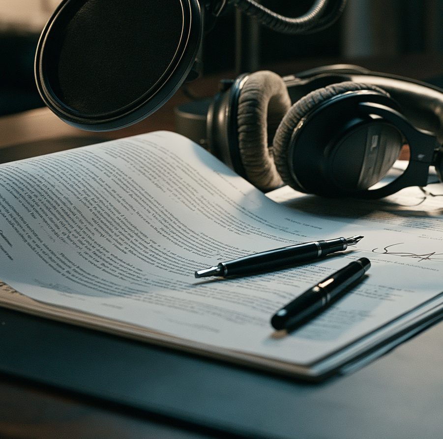 A fountain pen resting on the signature line of a signed voice rights agreement.