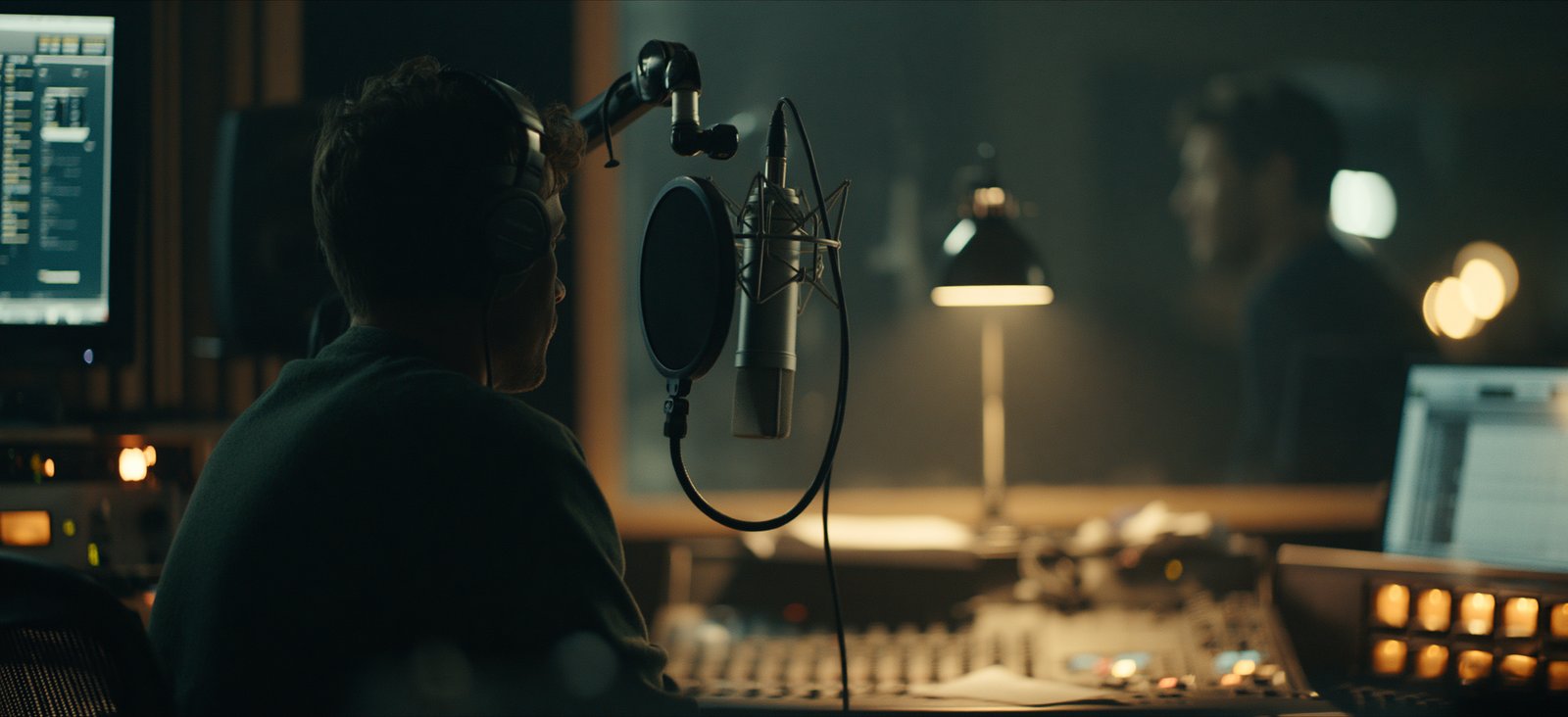 A sound engineer from behind at the console, a condenser microphone and pop filter in front, the voice talent visible through the glass.