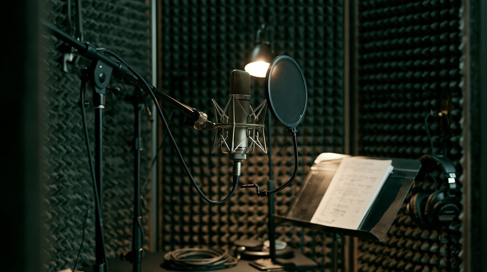A vocal booth, condenser microphone and script stand under one lamp.