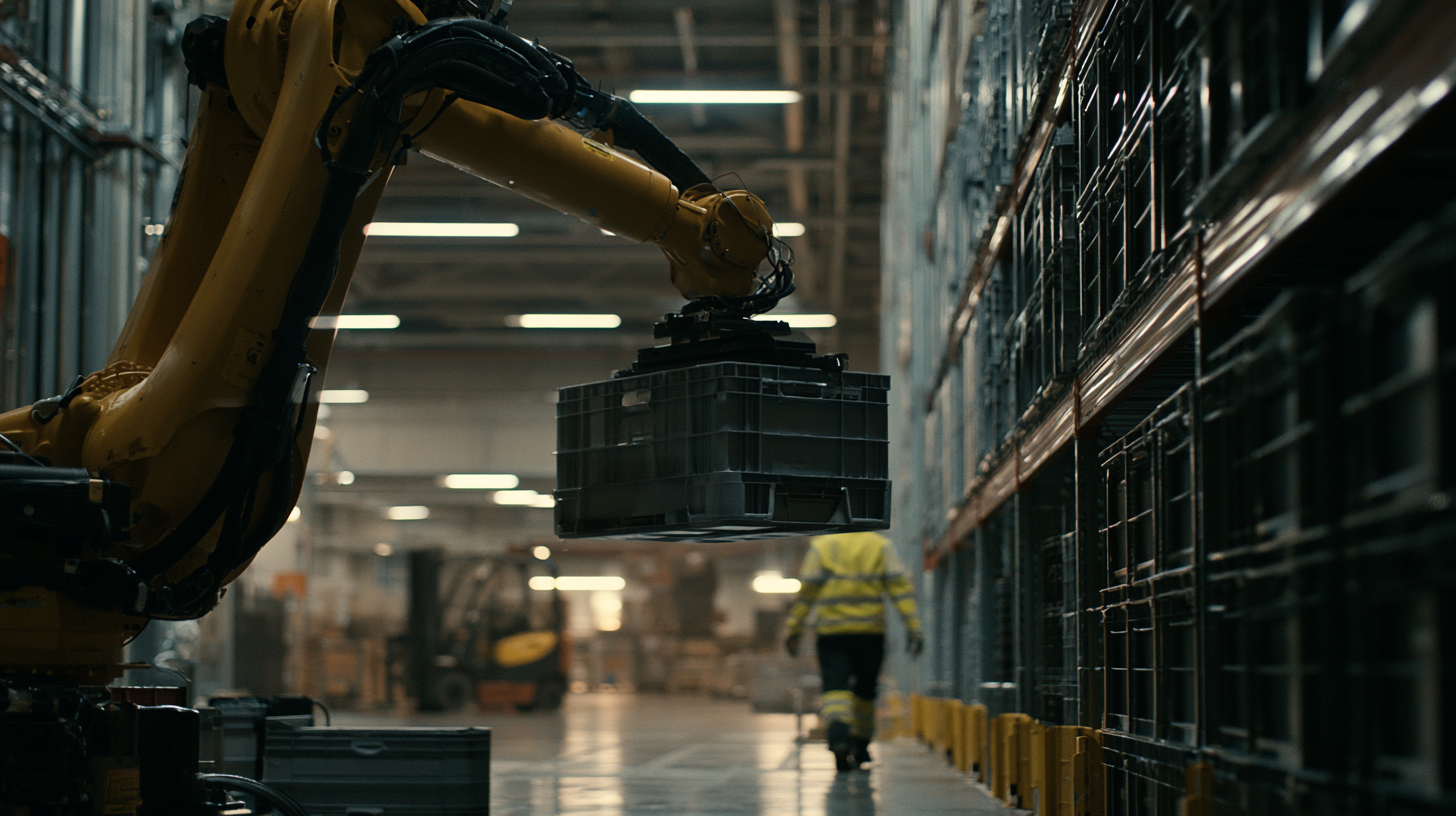 A warehouse aisle: an industrial arm holding a plastic crate, a worker in a high-visibility jacket walking away between racking bays.
