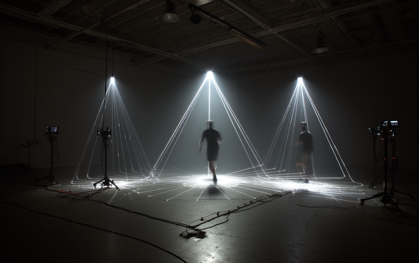 An illustrative motion capture environment with multiple synchronized views of a moving subject