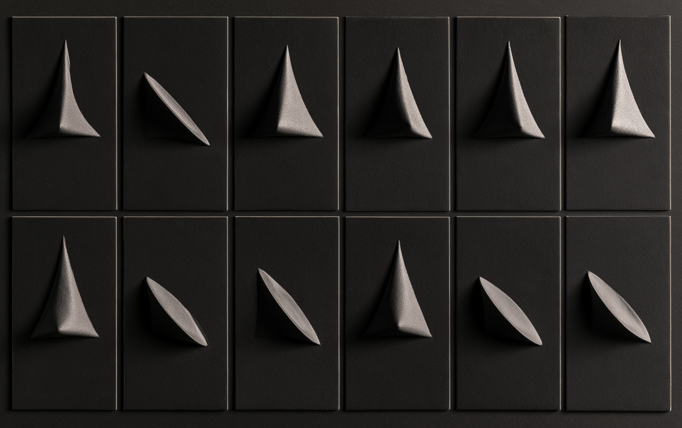 A grid of twelve dark panels, each holding the same sculptural form photographed at a different orientation.