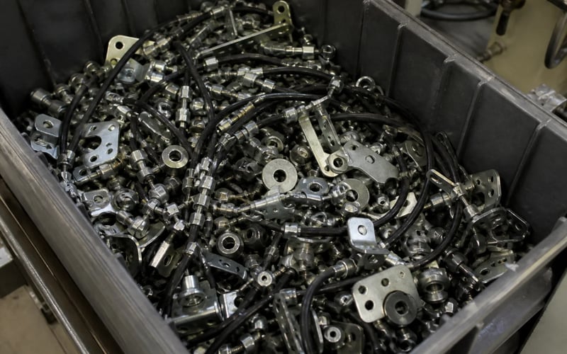A crate packed with tangled metal fittings, individual parts overlapping and touching