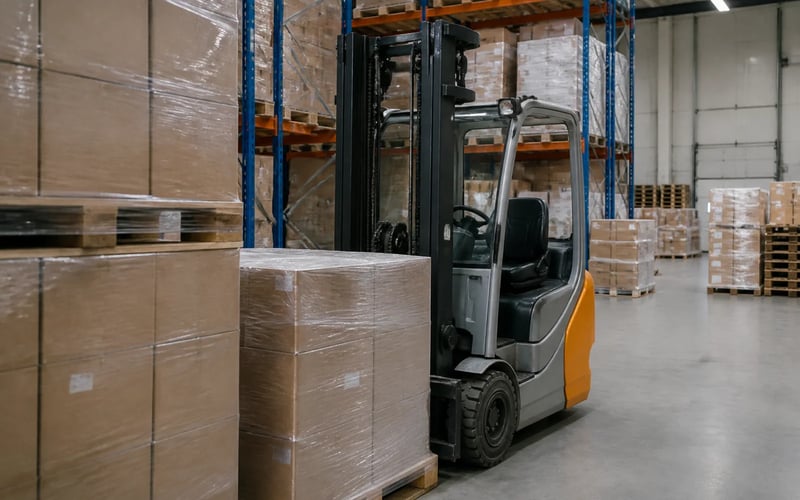 A forklift in a warehouse aisle, its mast and body partly hidden behind a wrapped pallet stack