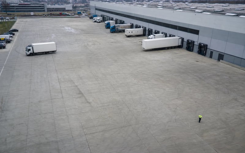 A wide loading yard where the vehicles and containers are small in frame